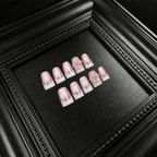 Short square pink press-on nails with floral details