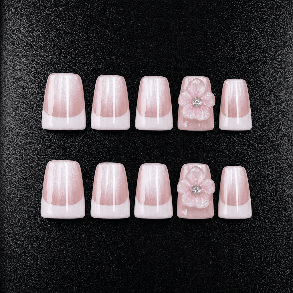 Pink flower press-on nails with 3D crystal accent