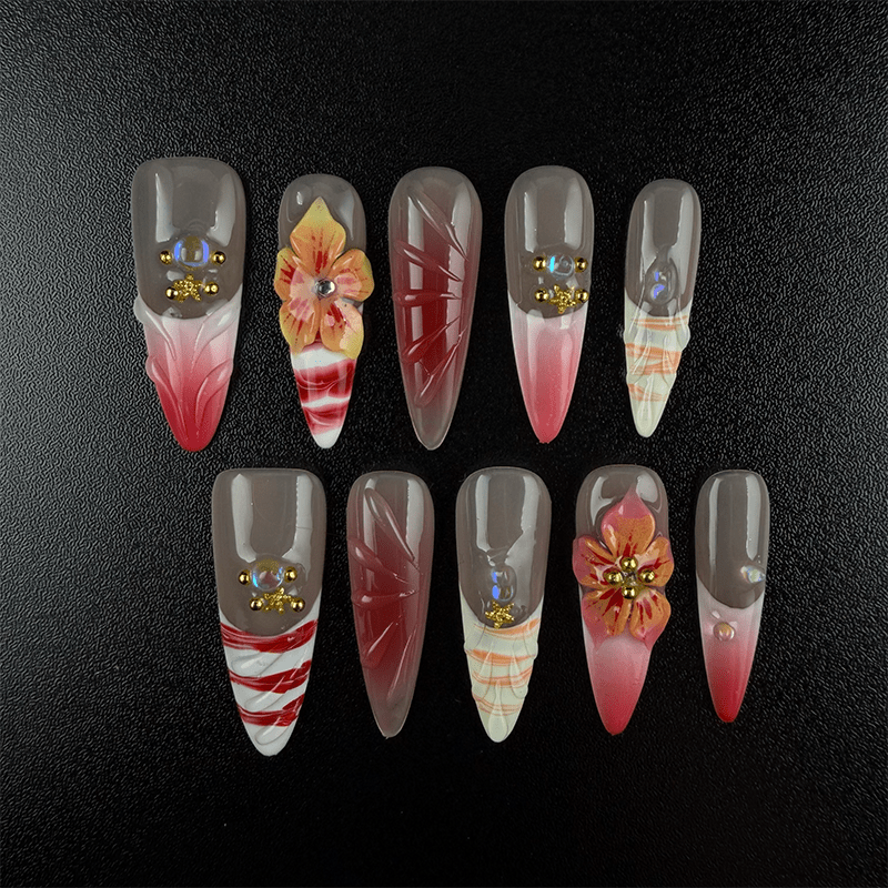 Pink red gradient almond press-on nails with 3D flowers