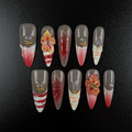 Pink red gradient almond press-on nails with 3D flowers