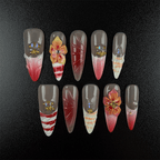Pink red gradient almond press-on nails with 3D flowers