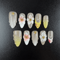 Summer medium almond press on nails with floral and lemon yellow designs