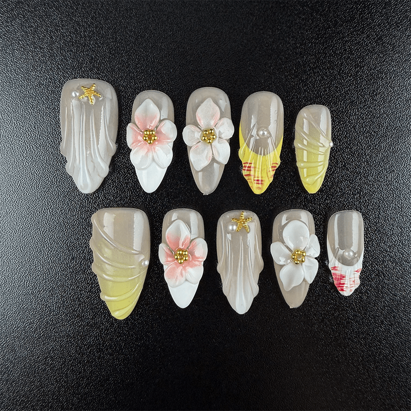 Summer medium almond press on nails with floral and lemon yellow designs