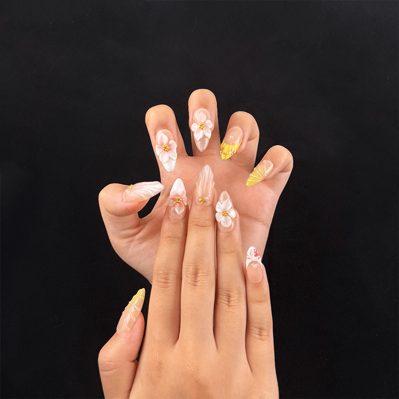 Medium almond floral press on nails with pearl details